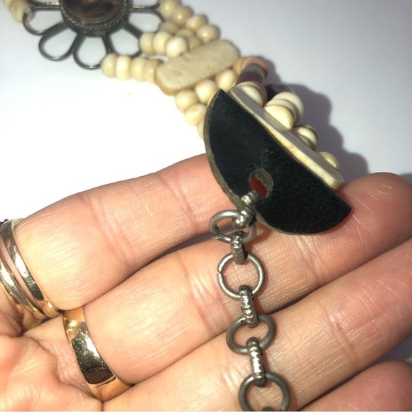 Vtg Carved Bone Petrified Wood & Leather Accent Choker Necklace 12” - 14” - Picture 6 of 7